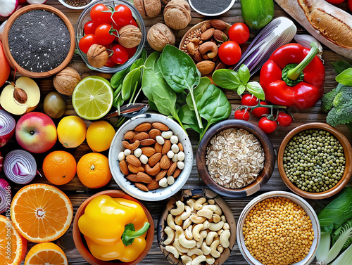 Wallpaper Mural Assorted healthy ingredients such as fruits, vegetables, nuts, and grains arranged on a wooden table. Perfect for nutrition and diet concepts. Torontodigital.ca