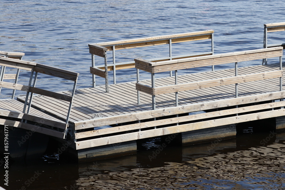 A wooden dock with benches overlooking the water A wooden dock with benches overlooking the water