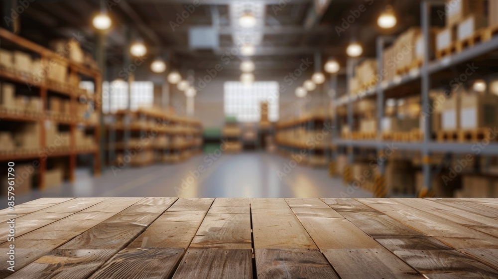 Empty wooden tabletop in a blurred warehouse aisle filled with shelves and boxes Empty wooden tabletop in a blurred warehouse aisle filled with shelves and boxes