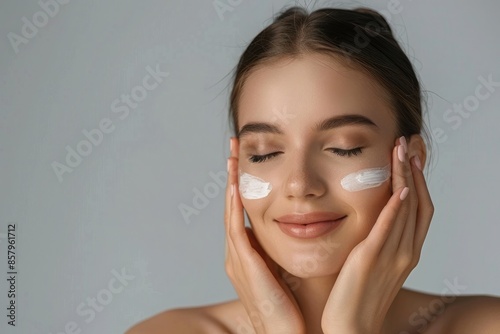 Smiling woman applying skincare cream on face against a gray background