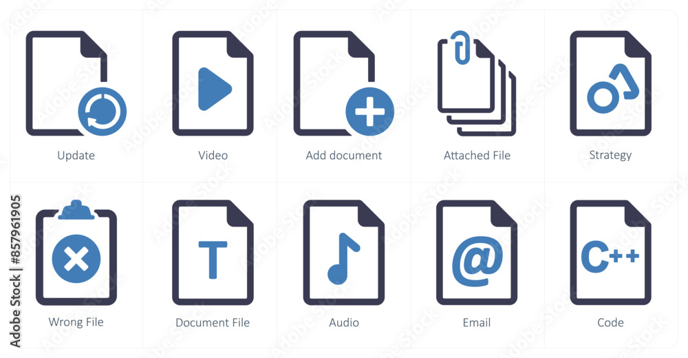 A set of 10 File icons as update, video, add document A set of 10 File icons as update, video, add document