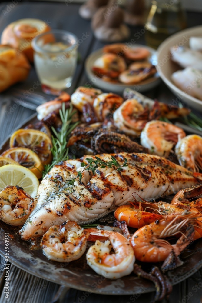A delectable seafood platter featuring grilled fish, shrimp, and calamari, arranged elegantly for a mouth-watering presentation