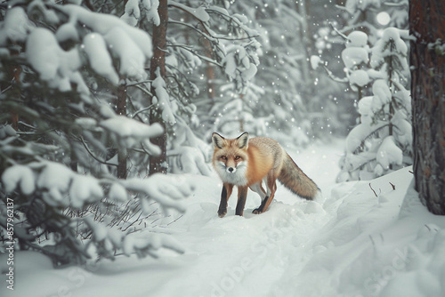 Fuchs im Wald bei Schnee photo
