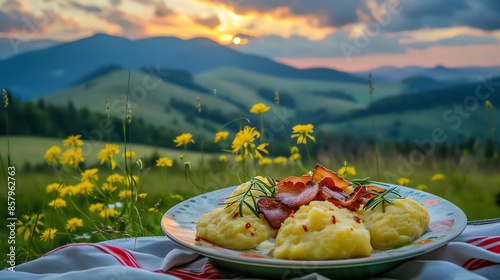 A plate of Slovak bryndzove halusky with potato dumplings and sheep cheese photo