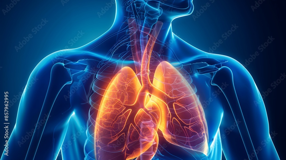 Lungs and Trachea - An illustration of the human upper body with glowing lungs and trachea in orange Lungs and Trachea - An illustration of the human upper body with glowing lungs and trachea in orange