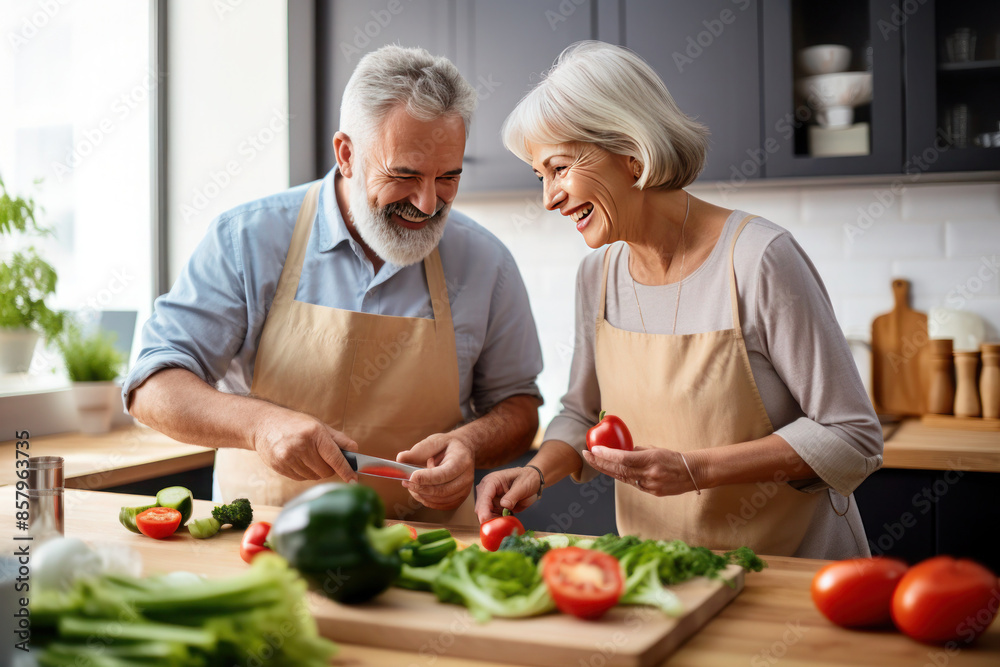 Happy seniors couple prepare vegan food at home in modern kitchen Happy seniors couple prepare vegan food at home in modern kitchen