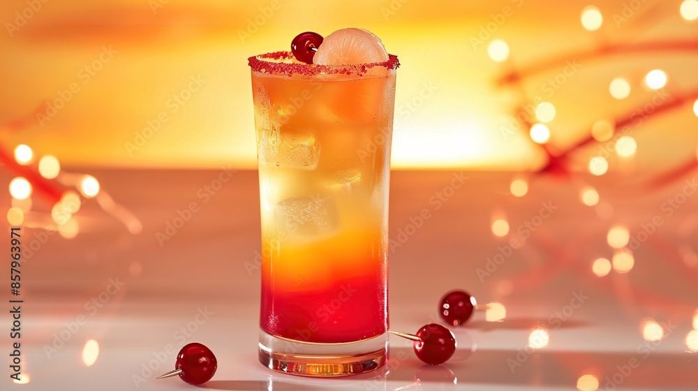 Tequila Sunrise Cocktail with Cherries and a Warm, Festive Background Tequila Sunrise Cocktail with Cherries and a Warm, Festive Background
