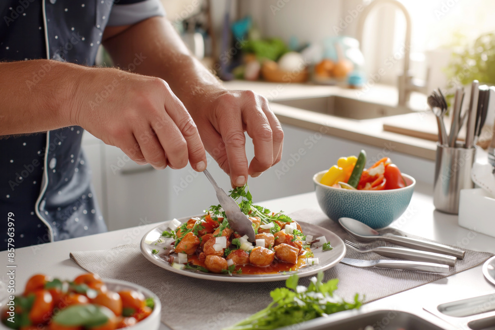 Person preparing a dish with fresh herbs and vegetables in a kitchen. Person preparing a dish with fresh herbs and vegetables in a kitchen.