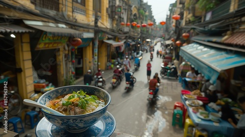 A plate of Vietnamese pho with beef, rice noodles, and fresh herbs, served in a ceramic bowl, photographed with a backdrop of Hanois bustling street markets photo