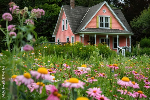 whimsical wildflower meadow surrounding charming pink cottage cheerful sunny day © furyon