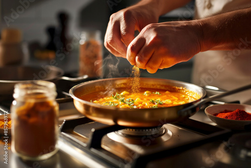 Fototapeta Naklejka Na Ścianę i Meble -  Person adding spices to a pot of soup on the stove in a home kitchen.
