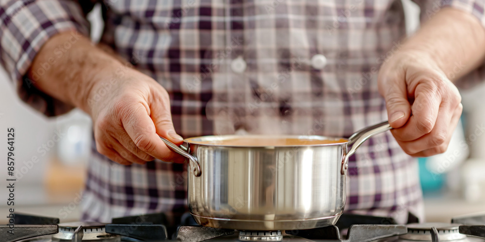 Person holding a stainless steel pot on a gas stove, wearing a plaid shirt, with steam rising from the pot.. Person holding a stainless steel pot on a gas stove, wearing a plaid shirt, with steam rising from the pot..