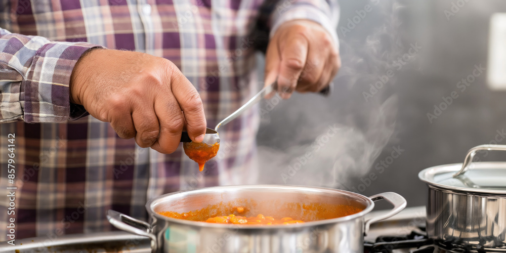 Man ladling soup from a pot on the stove, wearing a plaid shirt, with steam rising from the soup.. Man ladling soup from a pot on the stove, wearing a plaid shirt, with steam rising from the soup..
