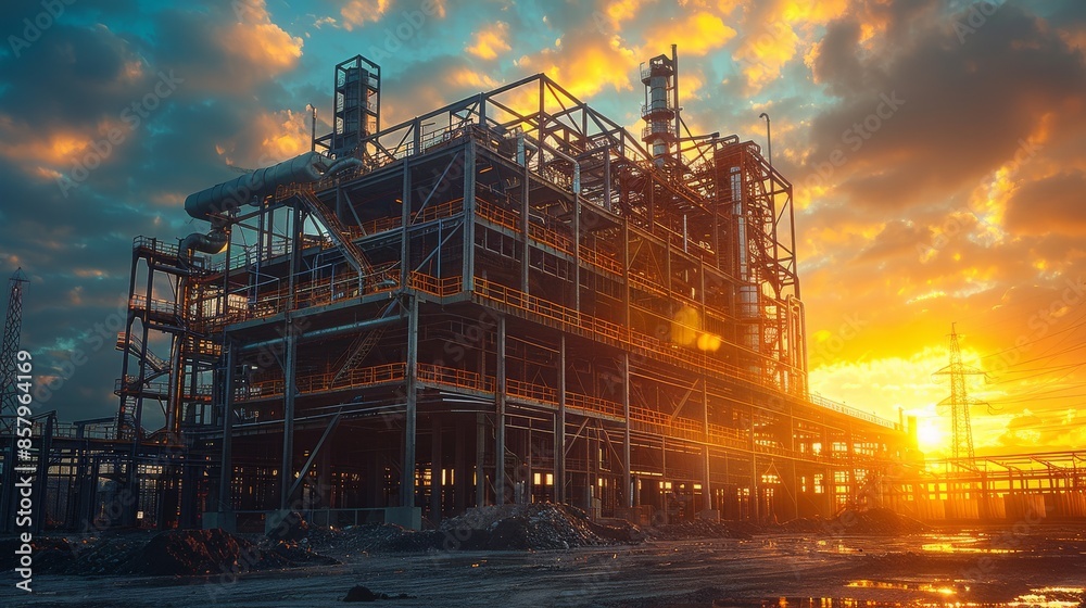 A wide-angle view of an industrial plant structure illuminated by the warm glow of the sunset, capturing the essence of industrial advancement and evening serenity. A wide-angle view of an industrial plant structure illuminated by the warm glow of the sunset, capturing the essence of industrial advancement and evening serenity.