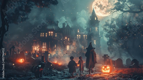 A Halloween scene with a witch and two children walking through a graveyard. The atmosphere is eerie and spooky