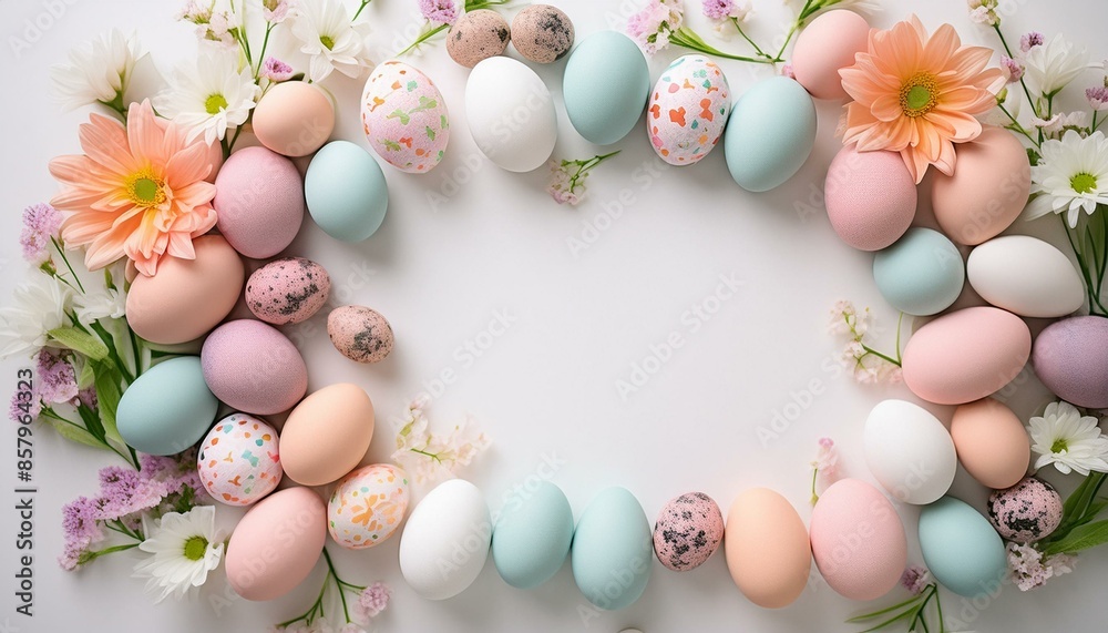 Easter eggs and flowers frame a white room. Top view. Easter eggs and flowers frame a white room. Top view.