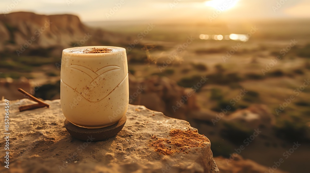 A refreshing glass of Tajik shubat with fermented camel milk, served in a traditional cup, set on a table with a view of the Tajik desert and sparse mangrove trees A refreshing glass of Tajik shubat with fermented camel milk, served in a traditional cup, set on a table with a view of the Tajik desert and sparse mangrove trees