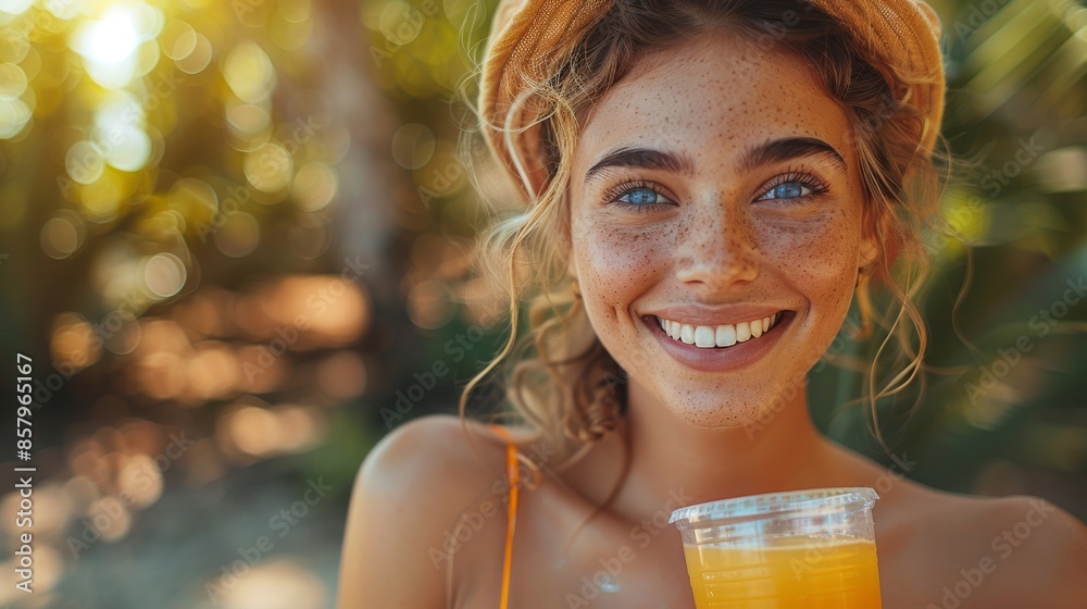 A smiling woman with striking blue eyes and freckles drinks from a plastic cup, enjoying a sunny day outdoors, exuding happiness and natural beauty. A smiling woman with striking blue eyes and freckles drinks from a plastic cup, enjoying a sunny day outdoors, exuding happiness and natural beauty.