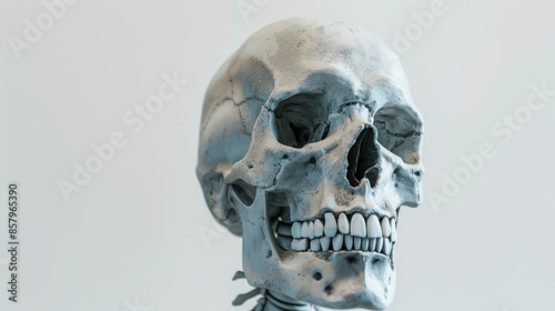 A white skull with a smile on its face. The skull is made of clay and is displayed on a white background