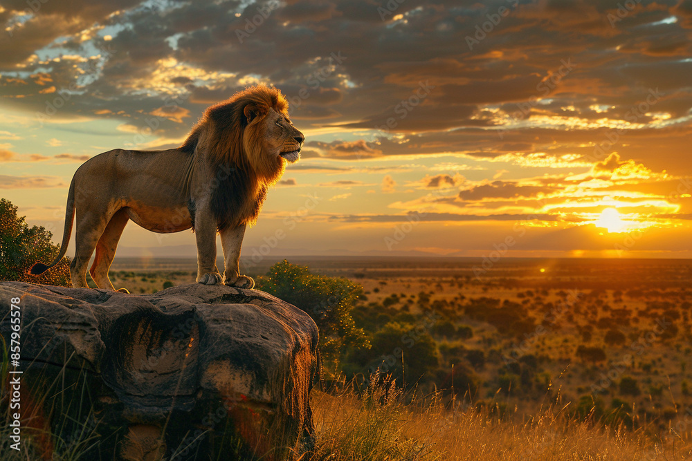 Löwe steht in der Steppe bei Sonnenuntergang Löwe steht in der Steppe bei Sonnenuntergang