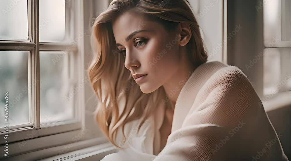 Hopeless Woman in Gown Sitting by the Window, Battling Loneliness Hopeless Woman in Gown Sitting by the Window, Battling Loneliness