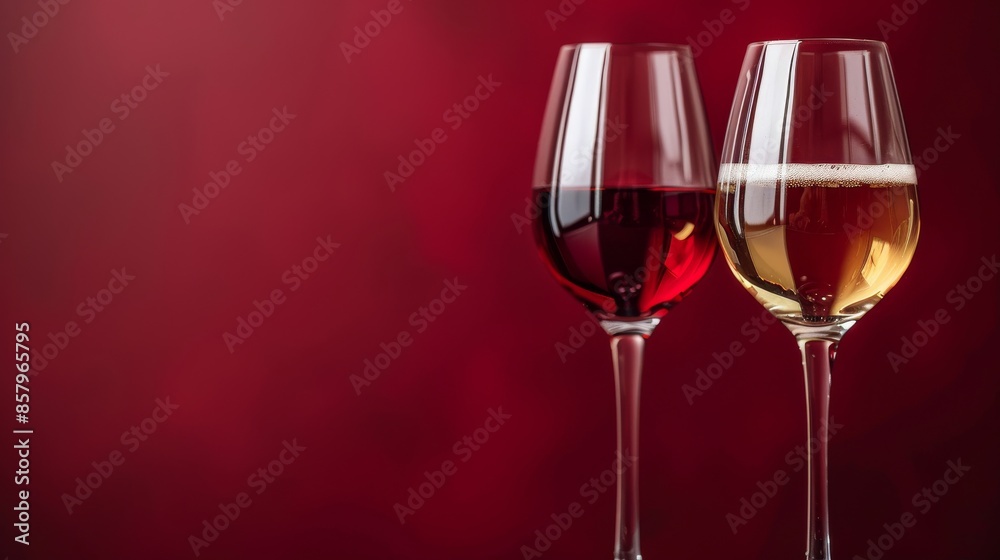 A stylish image featuring a glass of red wine and a glass of white wine against a rich red background, capturing the essence of sophistication and fine dining. A stylish image featuring a glass of red wine and a glass of white wine against a rich red background, capturing the essence of sophistication and fine dining.