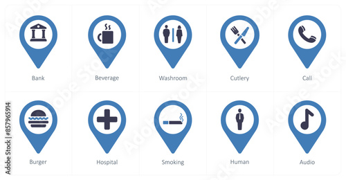 A set of 10 Location Pointer icons as bank, beverage, washroom