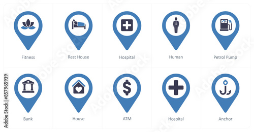 A set of 10 Location Pointer icons as fitness, rest house, hospital