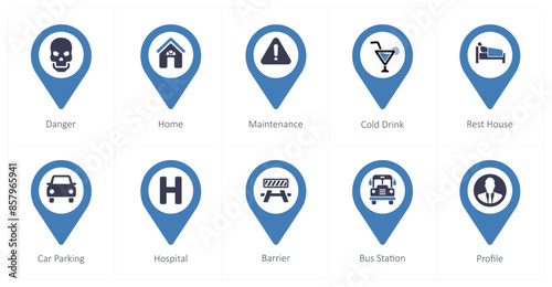 A set of 10 Location Pointer icons as danger, home, maintenance