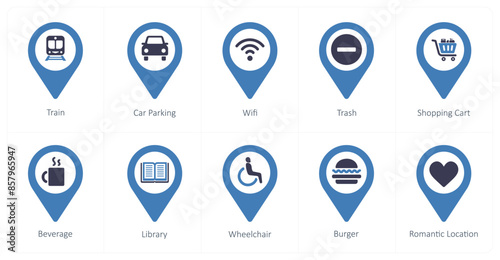 A set of 10 Location Pointer icons as train, car parking, wifi