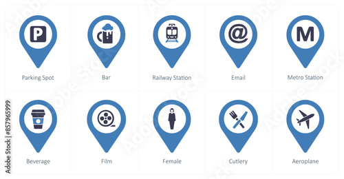 A set of 10 Location Pointer icons as parking spot, bar, rainway station