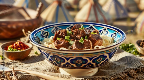 A serving of Kazakh beshbarmak with boiled meat and noodles, garnished with onions, placed on a ceramic plate, photographed in a Kazakh meadow with yurts in the background photo