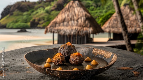 A serving of Kiribati te bua toro ni baukin with mashed pandanus and coconut cream photo