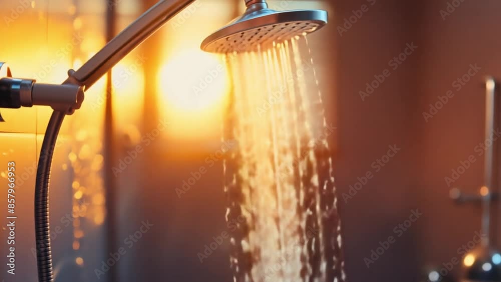 shower with water flowing out, bathroom in the background sunlight coming in through the window on the back wall