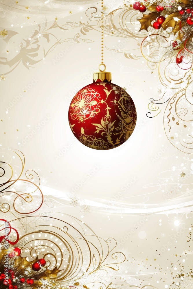 A red ornament hangs from a string, with a gold and red design. The ornament is suspended from a white background, which is decorated with gold and red swirls. Scene is festive and celebratory A red ornament hangs from a string, with a gold and red design. The ornament is suspended from a white background, which is decorated with gold and red swirls. Scene is festive and celebratory
