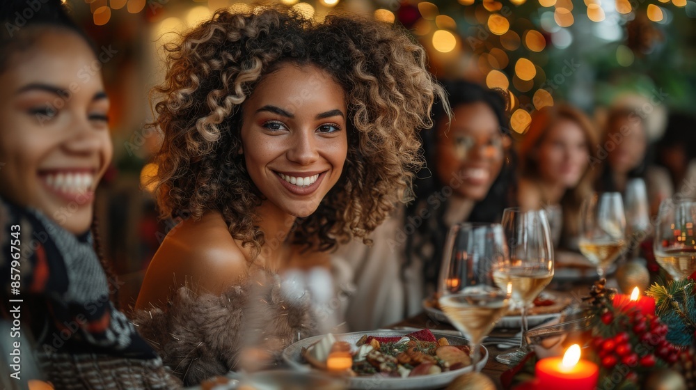 A joyful woman with curly hair smiling at a festive dining table during a celebration event. The background showcases friends and a warm, inviting atmosphere with decorations. A joyful woman with curly hair smiling at a festive dining table during a celebration event. The background showcases friends and a warm, inviting atmosphere with decorations.
