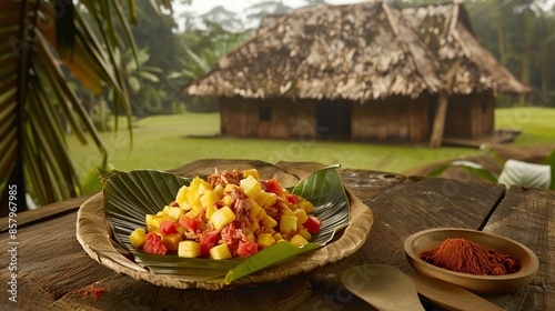 A serving of Tongan lu pulu with corned beef photo