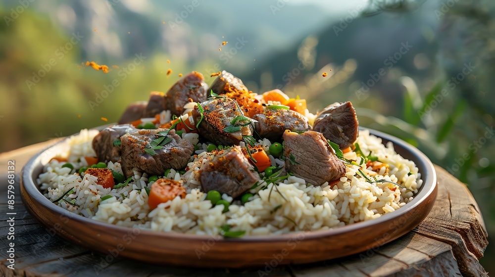 A serving of Turkmen plov with rice, carrots, and tender pieces of lamb, placed on a wooden board, set on a table with a view of the Turkmen meadows and desert landscape A serving of Turkmen plov with rice, carrots, and tender pieces of lamb, placed on a wooden board, set on a table with a view of the Turkmen meadows and desert landscape