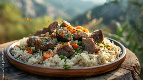 A serving of Turkmen plov with rice, carrots, and tender pieces of lamb, placed on a wooden board, set on a table with a view of the Turkmen meadows and desert landscape