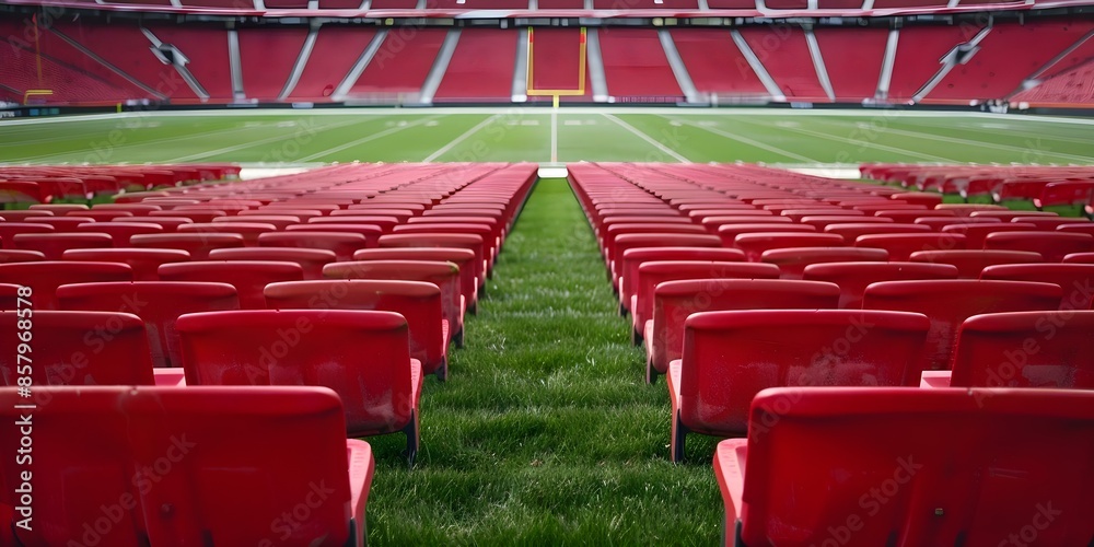 Fototapeta premium An Empty Football Stadium Without a Game or Fans. Concept Lonely Stadium, Abandoned Venue, Empty Seats, Quiet Moments, Tranquil Arena