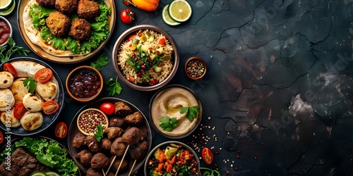 Assorted Middle Eastern meze on rustic background featuring kebab falafel and hummus. Concept Middle Eastern Cuisine, Assorted Meze, Rustic Background, Kebab, Falafel, Hummus photo