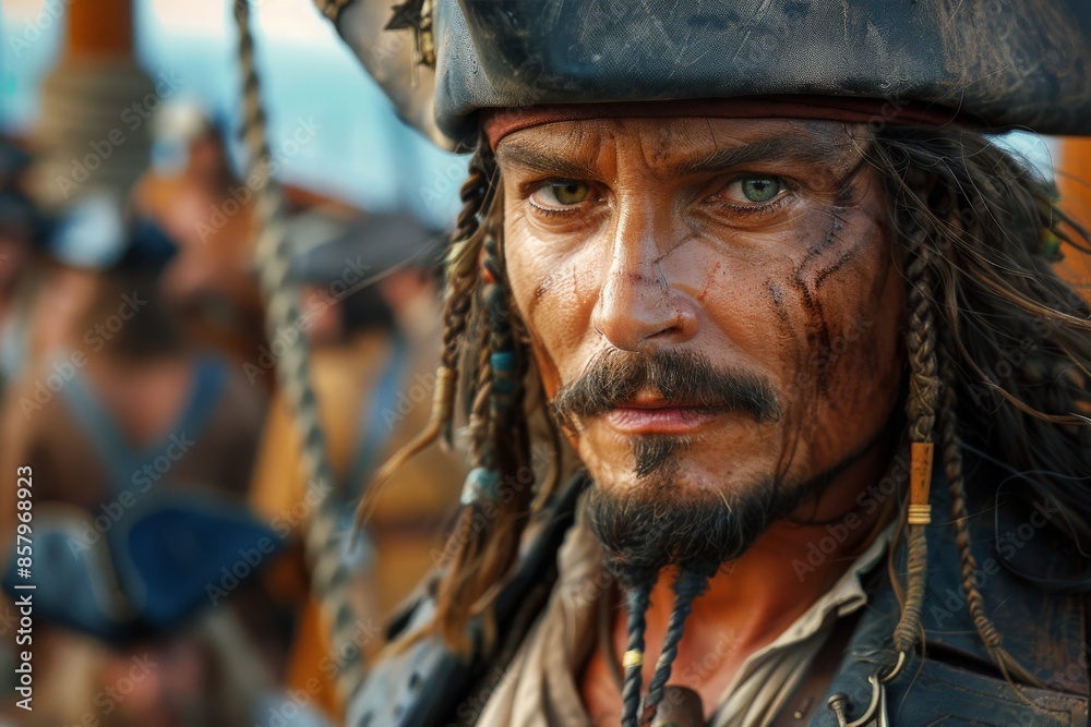 This image features a man dressed in pirate attire, with an intense expression, captured on a ship, evoking a sense of adventure and historical exploration. This image features a man dressed in pirate attire, with an intense expression, captured on a ship, evoking a sense of adventure and historical exploration.