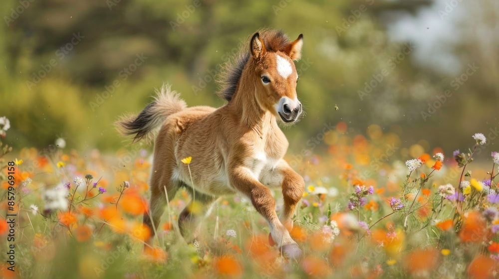 A small brown horse is running through a field of flowers A small brown horse is running through a field of flowers