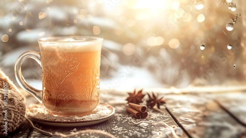 A steaming mug of Kazakh shubat with fermented camel milk, served warm, placed on a table with a view of a snowy Kazakh landscape photo