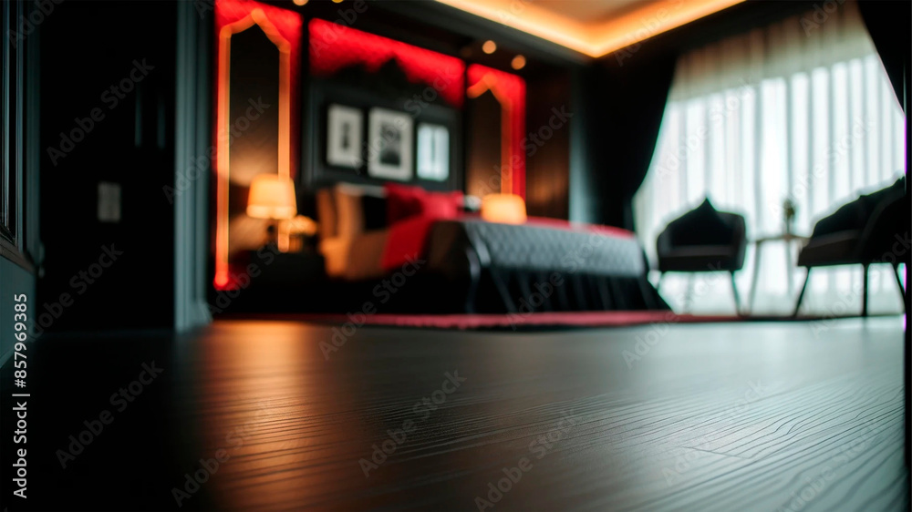 Modern luxurious bedroom with red and black decor and ambient lighting Modern luxurious bedroom with red and black decor and ambient lighting