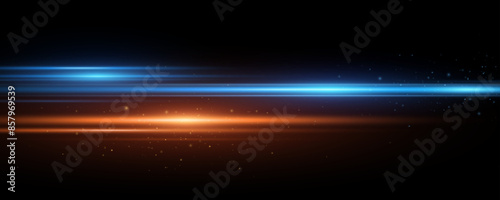 Abstract blue and orange lights effect with flying dust isolated on black background. Lens flare. Horizontal rays with glowing particles. Vector illustration. EPS 10 © sersupervector