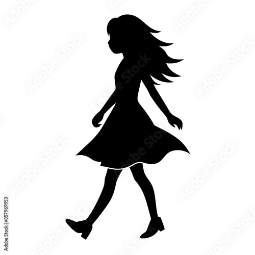 One Walking Girl Child Vector Silhouette