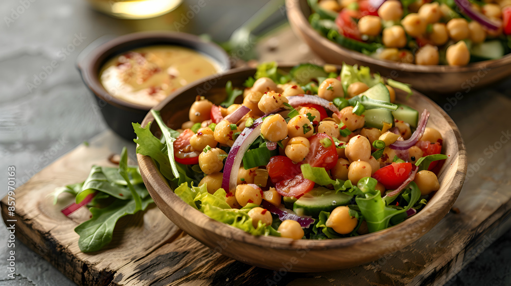 Fast food chickpea salads served with a side of dressing, presented on a rustic wooden board Fast food chickpea salads served with a side of dressing, presented on a rustic wooden board