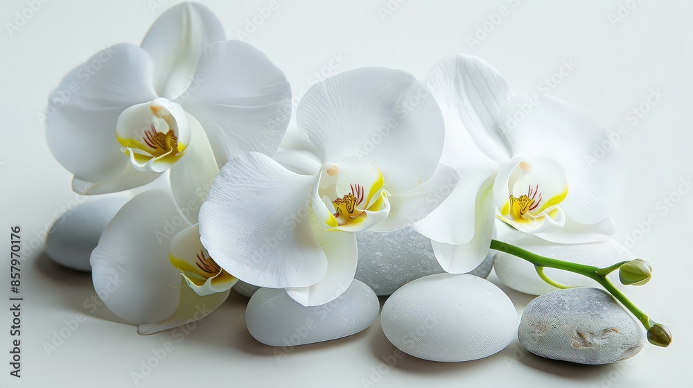 Spa still life with massage stones,white orchid on water reflection. Spa and white orchid Spa still life with massage stones,white orchid on water reflection. Spa and white orchid