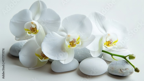 Spa still life with massage stones,white orchid on water reflection. Spa and white orchid